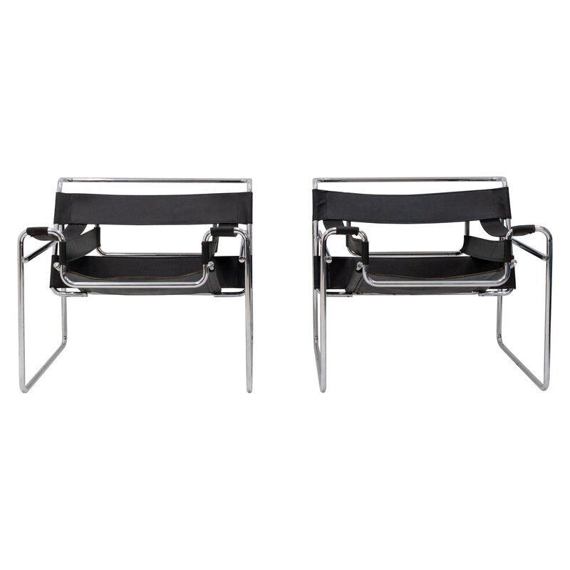 Ensemble de 2 chaises vintage Replica par Breueur en cuir et aluminium