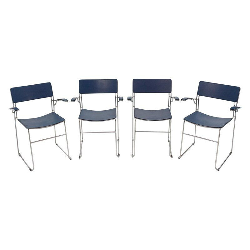 Set of 4 vintage Arrben chairs in dark blue leather 1980