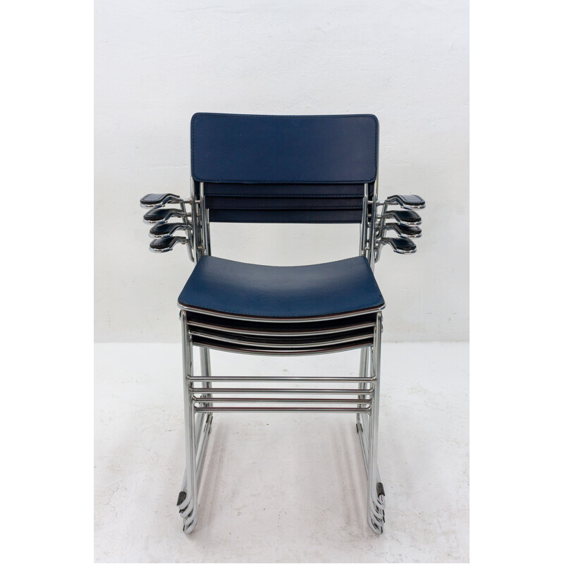 Ensemble de 4 chaises vintage Arrben en cuir bleu foncé 1980