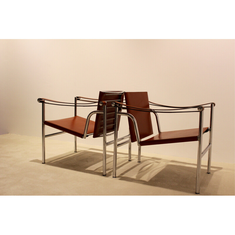 Set of LC1 armchairs and cognac leather and chrome steel, LE CORBUSIER, Charlotte PERRIAND & Pierre JEANNERET - 1970