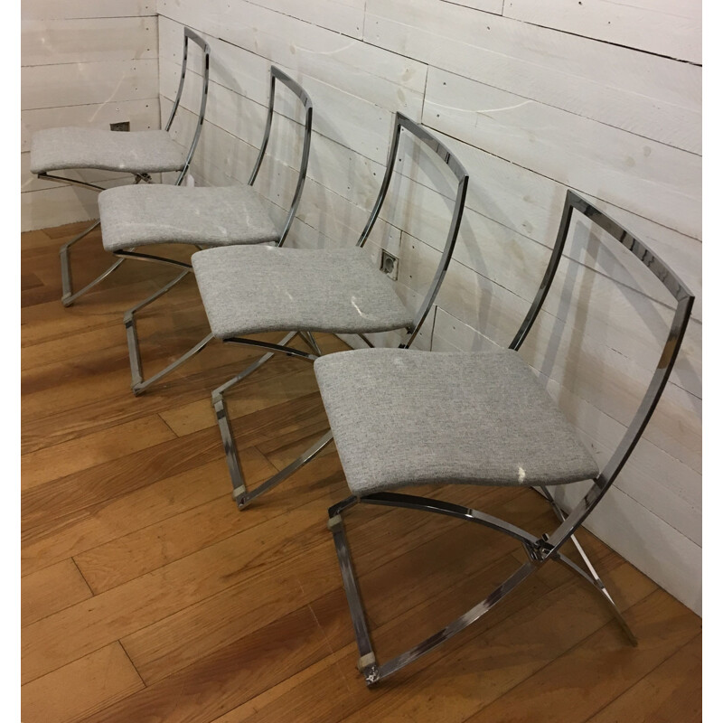 Set of 4 vintage chairs Luisa for Mobel in silvery fabric and steel