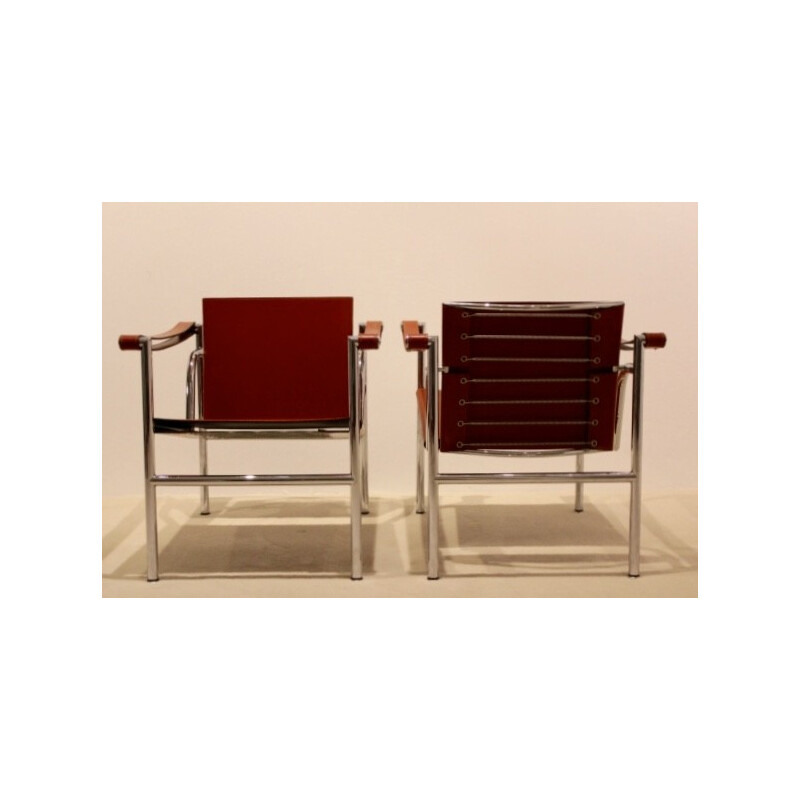 Set of LC1 armchairs and cognac leather and chrome steel, LE CORBUSIER, Charlotte PERRIAND & Pierre JEANNERET - 1970