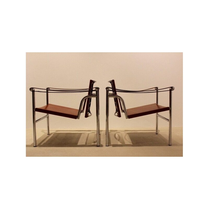 Set of LC1 armchairs and cognac leather and chrome steel, LE CORBUSIER, Charlotte PERRIAND & Pierre JEANNERET - 1970