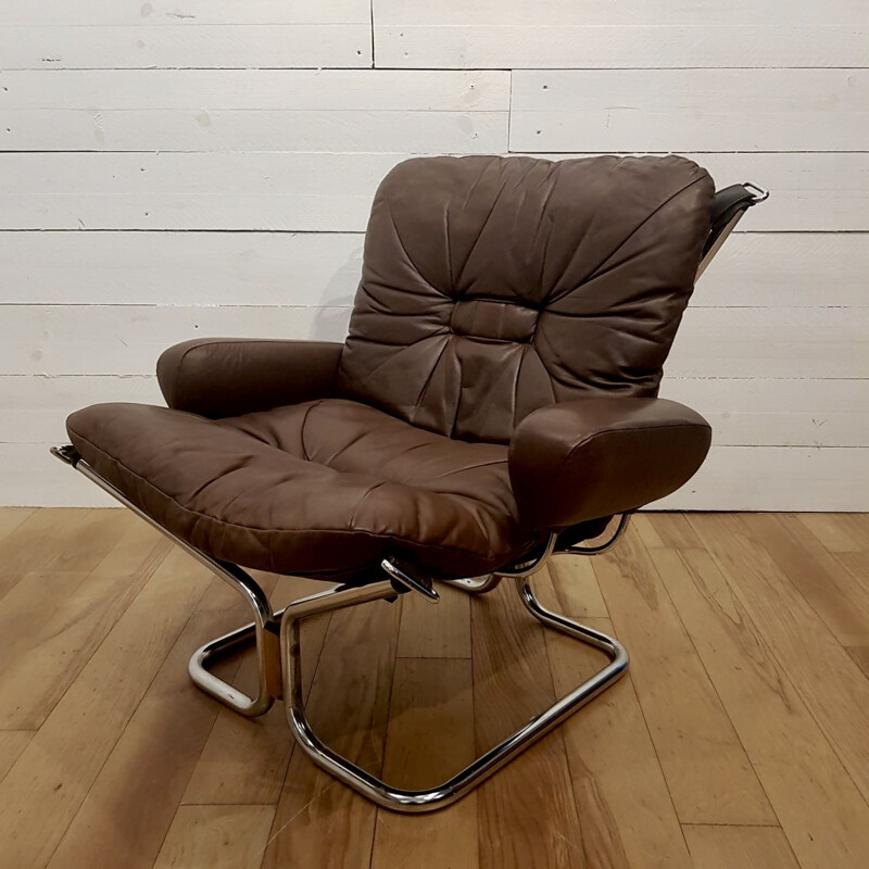 Vintage armchair for Westnofa in chocolate brown leather 1970