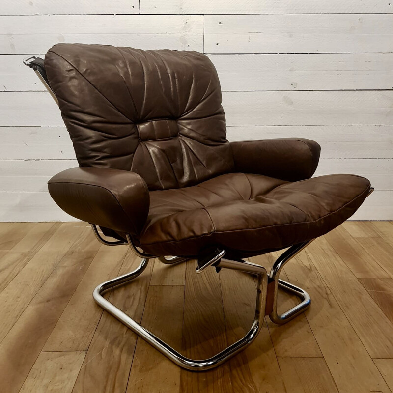 Vintage armchair for Westnofa in chocolate brown leather 1970