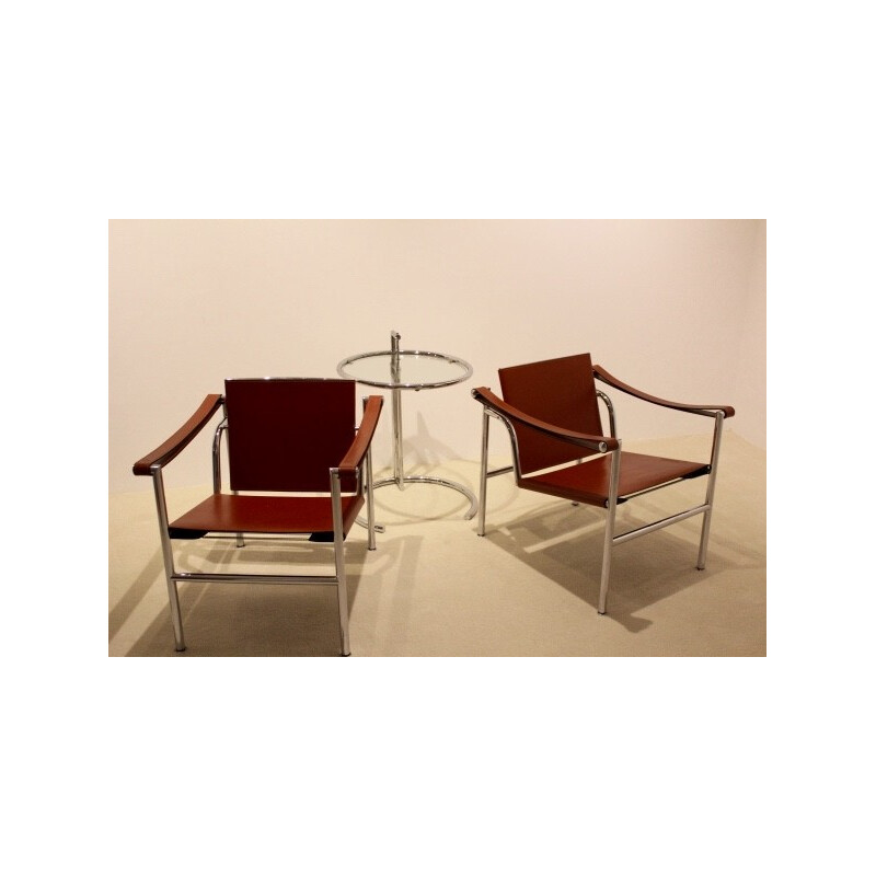 Set of LC1 armchairs and cognac leather and chrome steel, LE CORBUSIER, Charlotte PERRIAND & Pierre JEANNERET - 1970