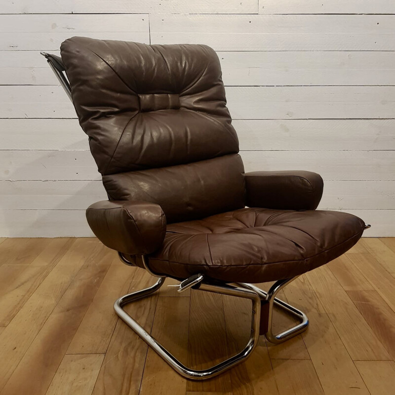 Vintage armchair for Westnofa in chocolate leather and aluminium 1970