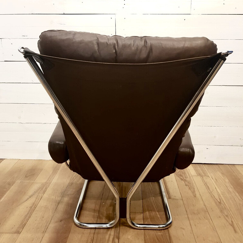 Vintage armchair for Westnofa in chocolate leather and aluminium 1970