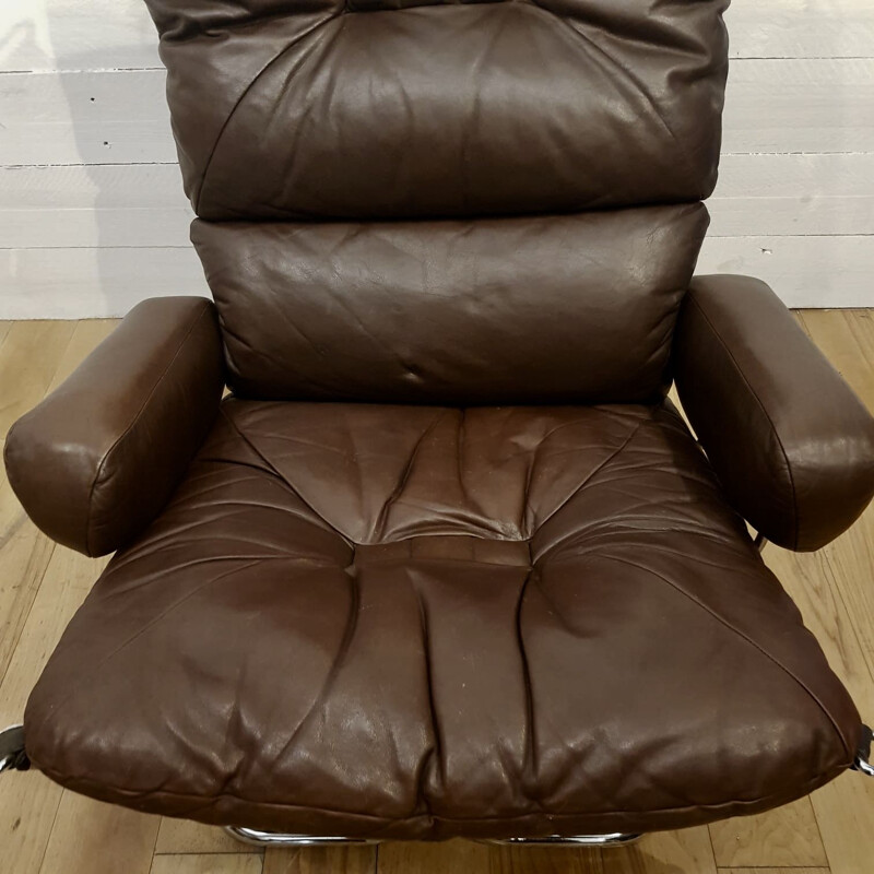 Vintage armchair for Westnofa in chocolate leather and aluminium 1970