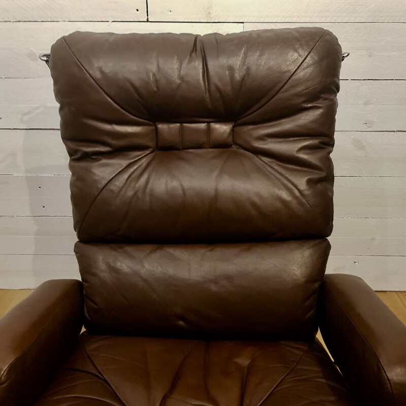 Vintage armchair for Westnofa in chocolate leather and aluminium 1970