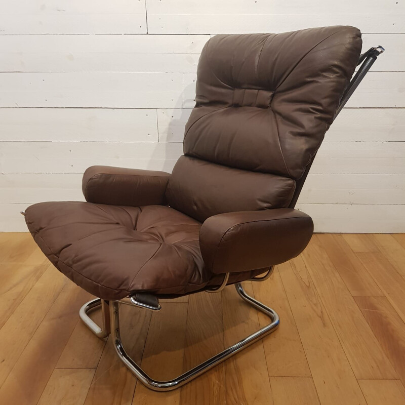 Vintage armchair for Westnofa in chocolate leather and aluminium 1970