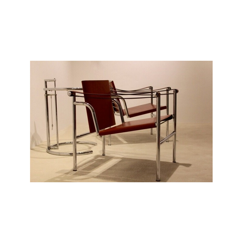 Set of LC1 armchairs and cognac leather and chrome steel, LE CORBUSIER, Charlotte PERRIAND & Pierre JEANNERET - 1970