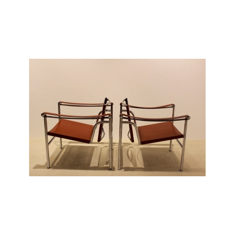 Set of LC1 armchairs and cognac leather and chrome steel, LE CORBUSIER, Charlotte PERRIAND & Pierre JEANNERET - 1970