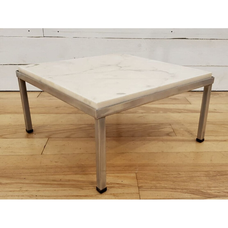 Table basse vintage carrée en marbre blanc et chrome 1970