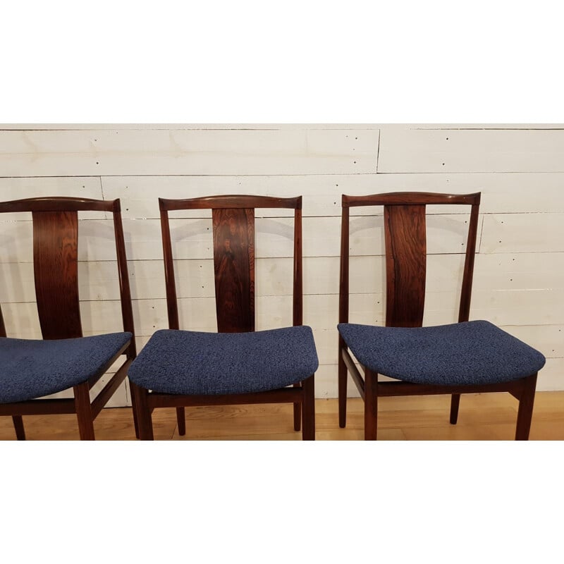 Set 4 vintage chairs for Danex in rosewood and blue fabric 1960