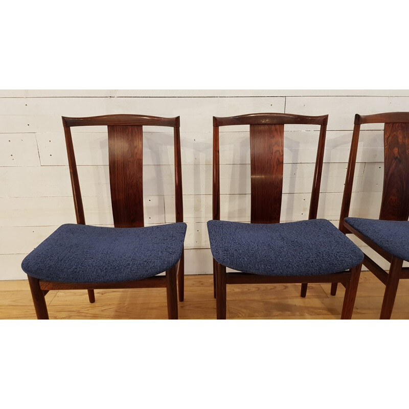Ensemble 4 chaises vintage pour Danex en palissandre et tissu bleu 1960