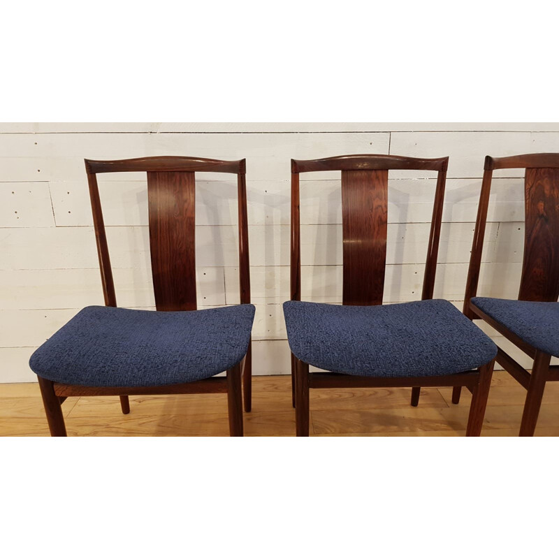 Set 4 vintage chairs for Danex in rosewood and blue fabric 1960