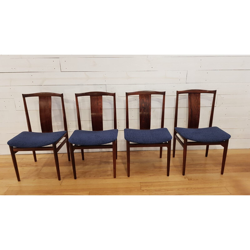 Set 4 vintage chairs for Danex in rosewood and blue fabric 1960
