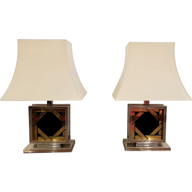 Pair of vintage french chrome and black glass lamps 1970