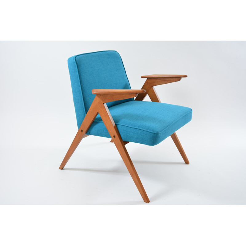 Vintage Bunny armchair in blue-green fabric and wood 1960