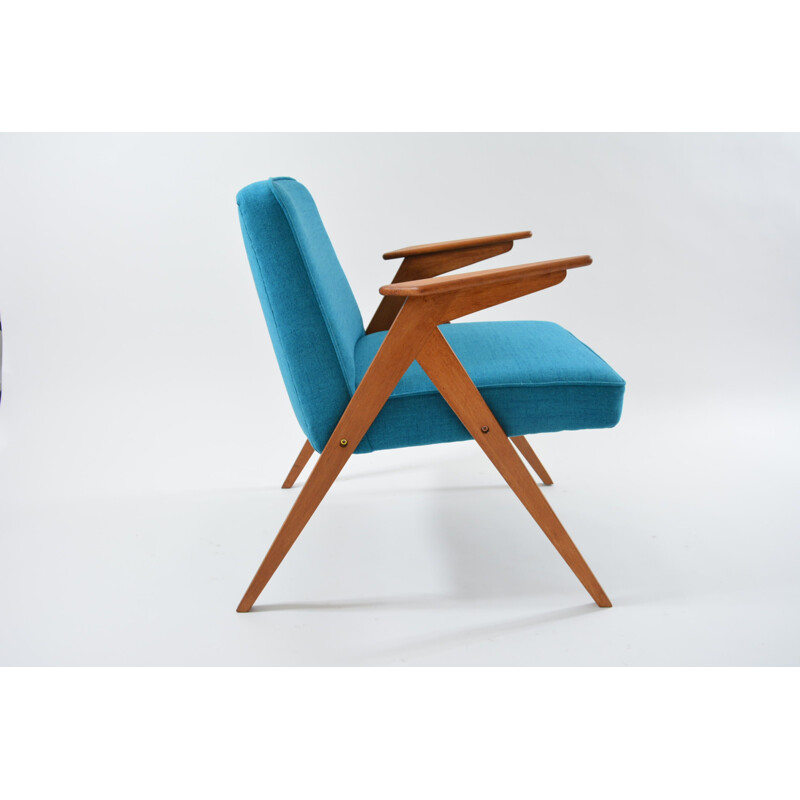 Fauteuil vintage Bunny en tissu bleu-vert et bois 1960