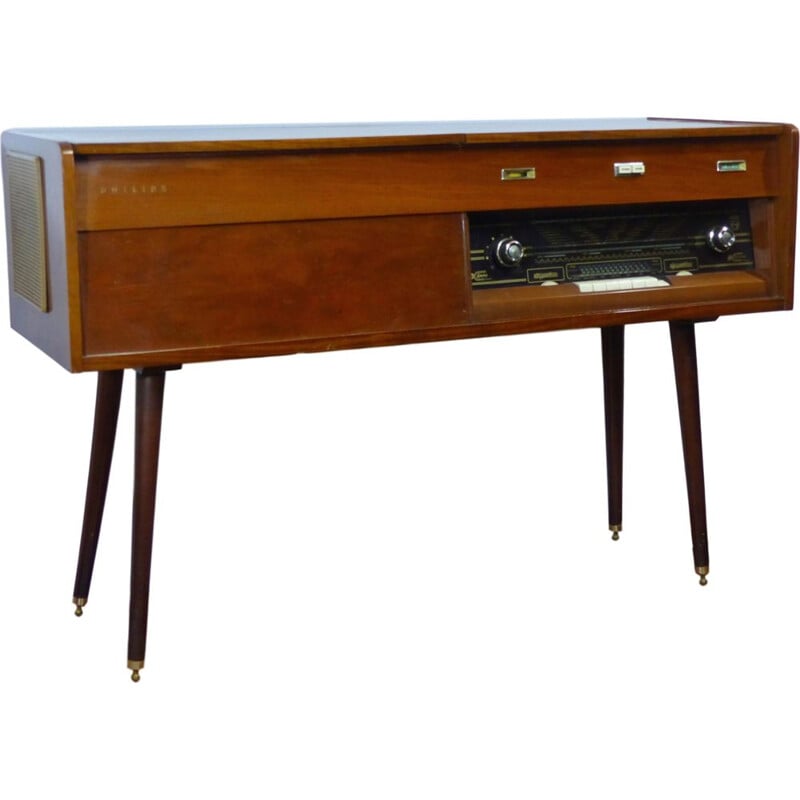 Vintage sideboard for Philips in wood and brass and with radio