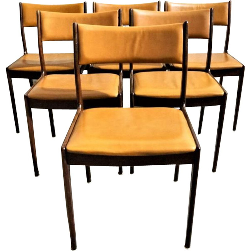 Set of 6 vintage chairs for Uldum in teak and yellow leather 1960