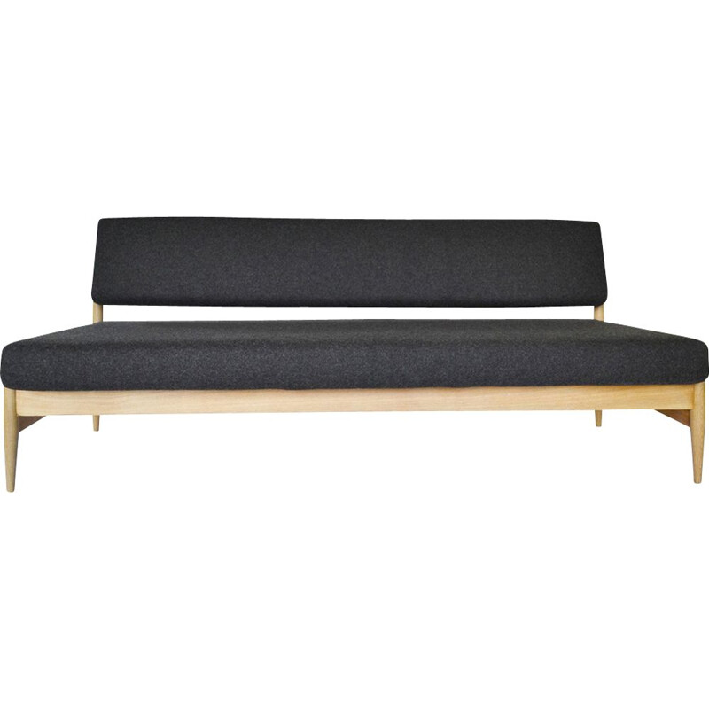 Vintage sofa for Vilniaus Baldų Kombinatas in oakwood and black fabric