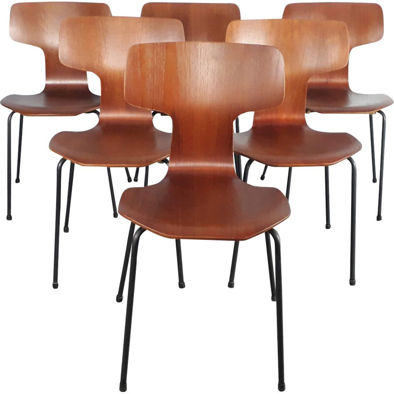 Set of 6 vintage Hammer 3103 chairs for Fritz Hansen in teak 1950