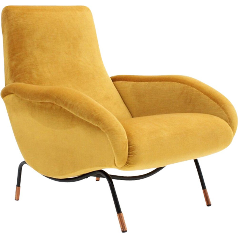 Vintage italian armchair in yellow velvet and copper 1950