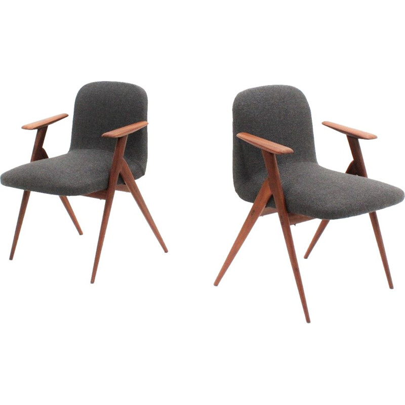 Set of 2 vintage scandinavian teak armchairs in gray fabric