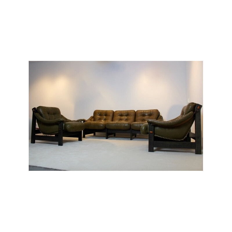 Set of 3-seater sofa and its armchairs in leather and Brazilian ebony - 1970s