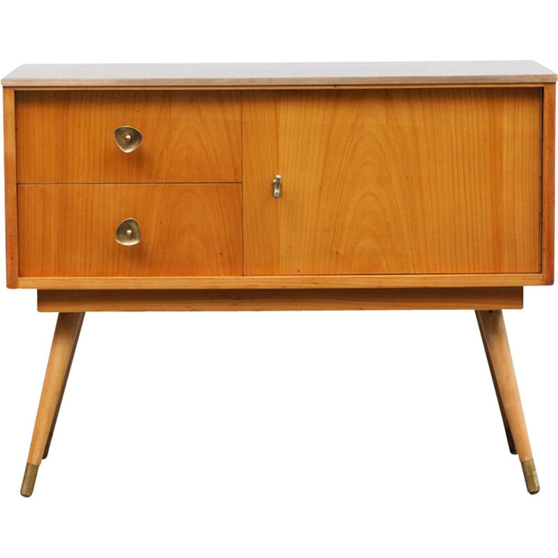 Vintage german small dresser in cherrywood and brass 1950