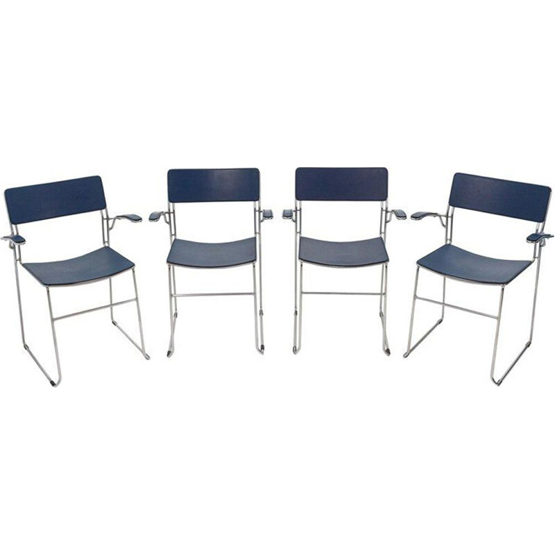 Ensemble de 4 chaises vintage Arrben en cuir bleu foncé 1980