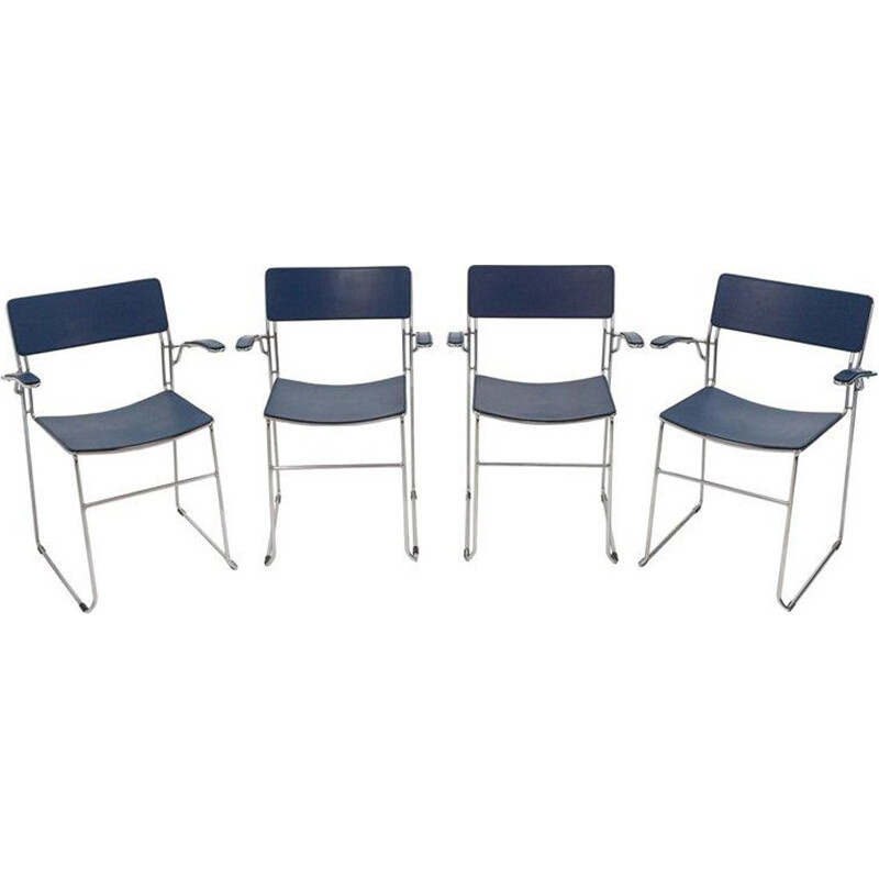 Set of 4 vintage Arrben chairs in dark blue leather 1980