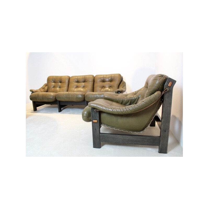 Set of 3-seater sofa and its armchairs in leather and Brazilian ebony - 1970s