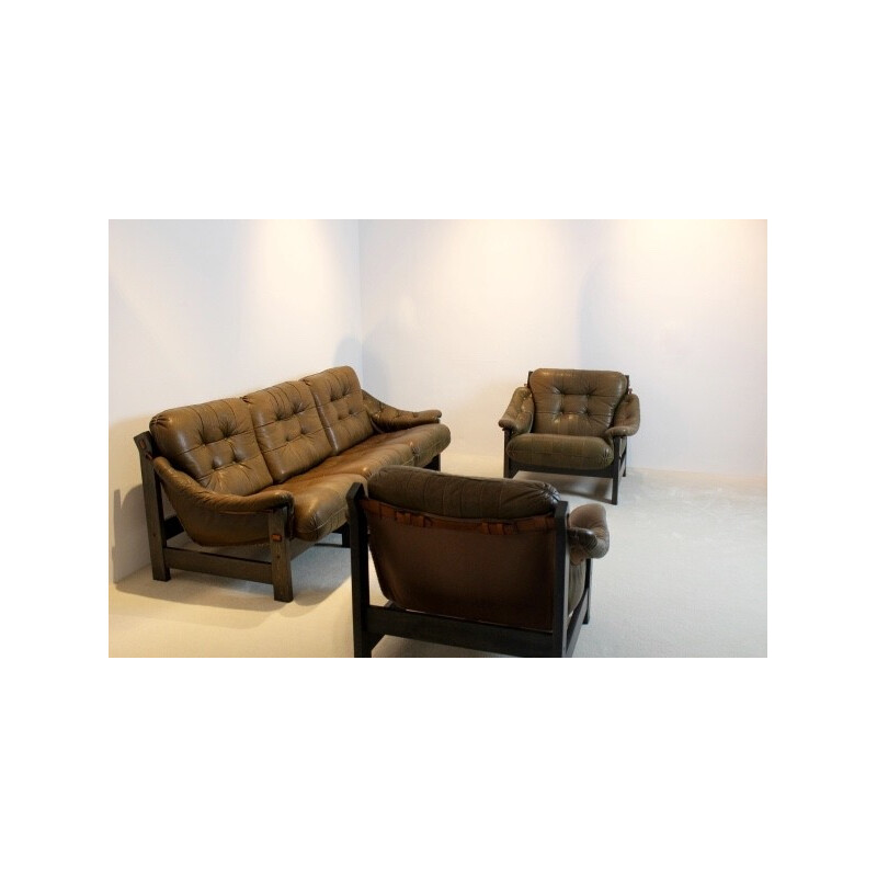 Set of 3-seater sofa and its armchairs in leather and Brazilian ebony - 1970s