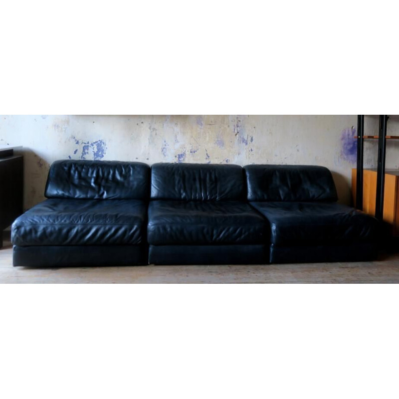Set of 3 vintage modular black leather armchairs for De Sede 1970s