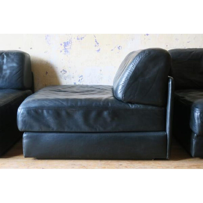 Set of 3 vintage modular black leather armchairs for De Sede 1970s