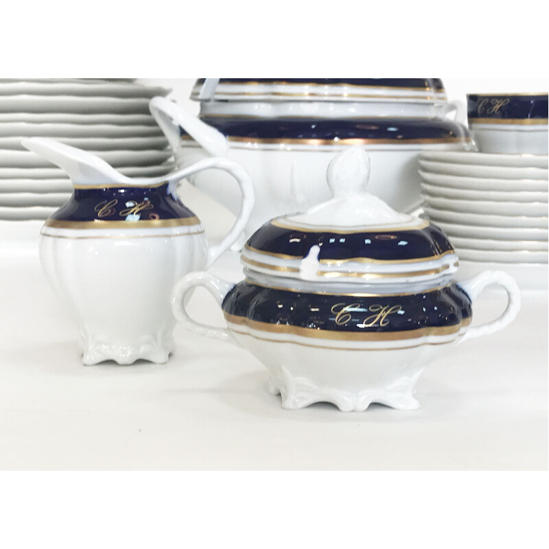 Vintage dinner service in porcelain, gold and cobalt 1980