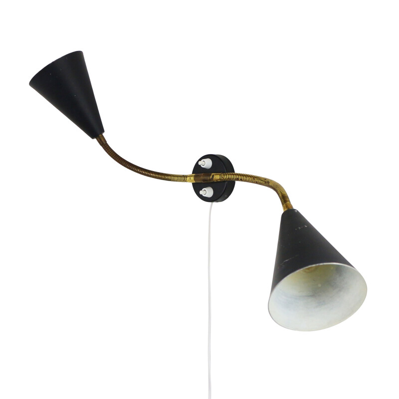 Vintage scandinavian black double wall light in aluminium 1950