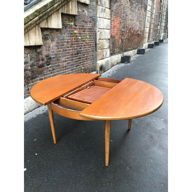 Table vintage circulaire scandinave en bois 1960
