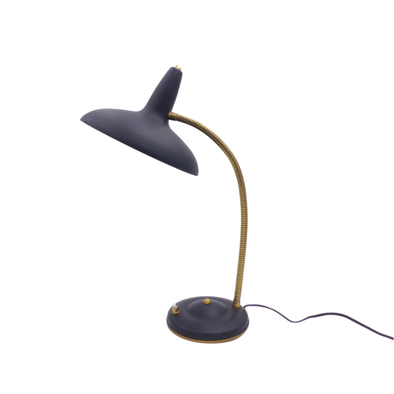 Lampe vintage flexible en acier noir et laiton 1960