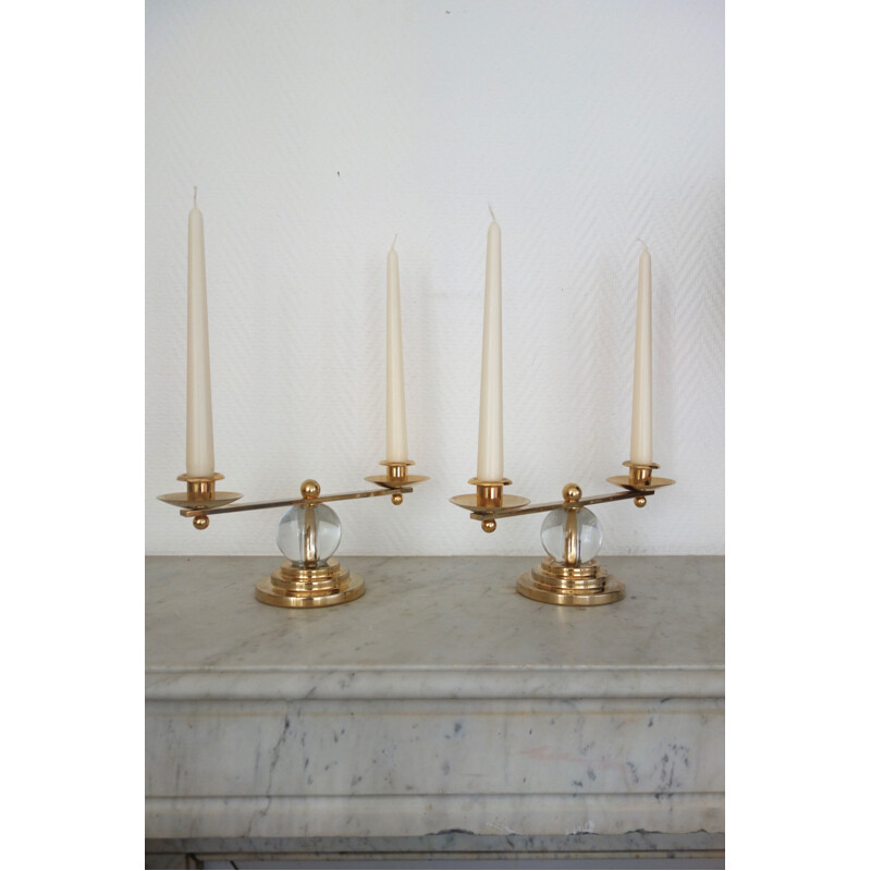 Pair of vintage french candlesticks in gilded metal and crystal 1970