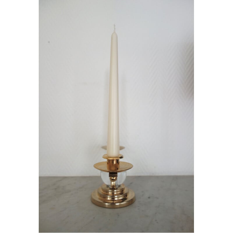 Pair of vintage french candlesticks in gilded metal and crystal 1970