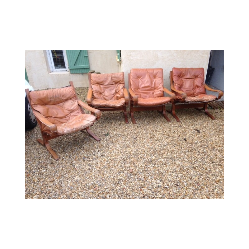 Set of 4 armchairs in leather and wood, Ingmar RELLING - 1970s