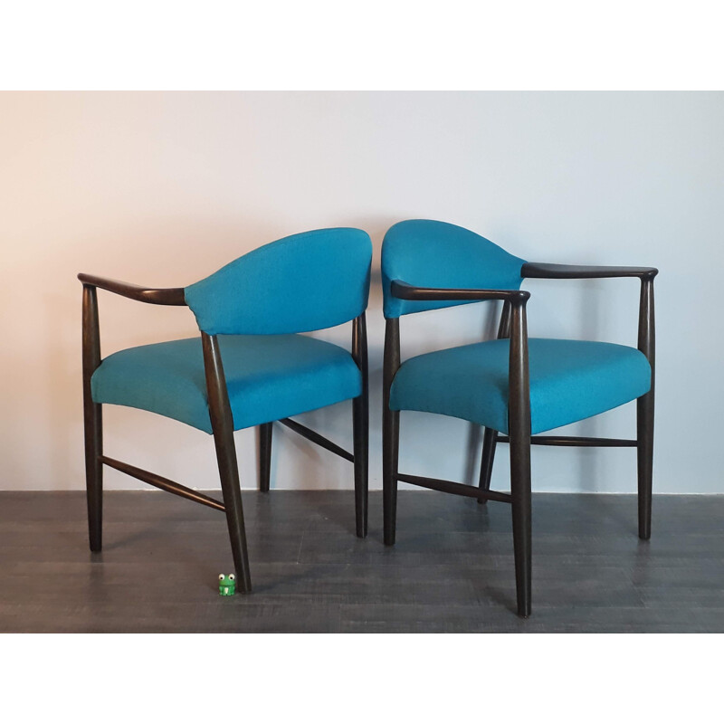 Vintage beechwood and blue fabric chairs by Kurt Olsen for Slagelse Mobelvaerk, Denmark 1950
