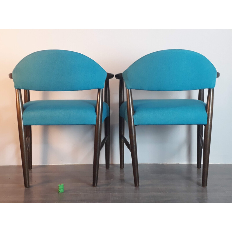 Vintage beechwood and blue fabric chairs by Kurt Olsen for Slagelse Mobelvaerk, Denmark 1950