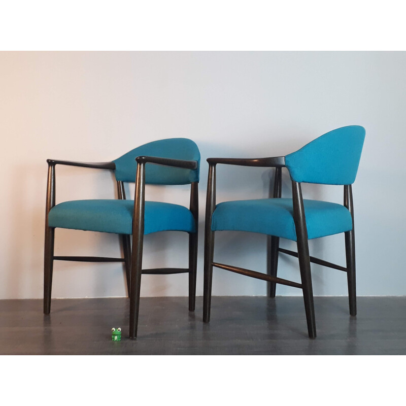 Vintage beechwood and blue fabric chairs by Kurt Olsen for Slagelse Mobelvaerk, Denmark 1950