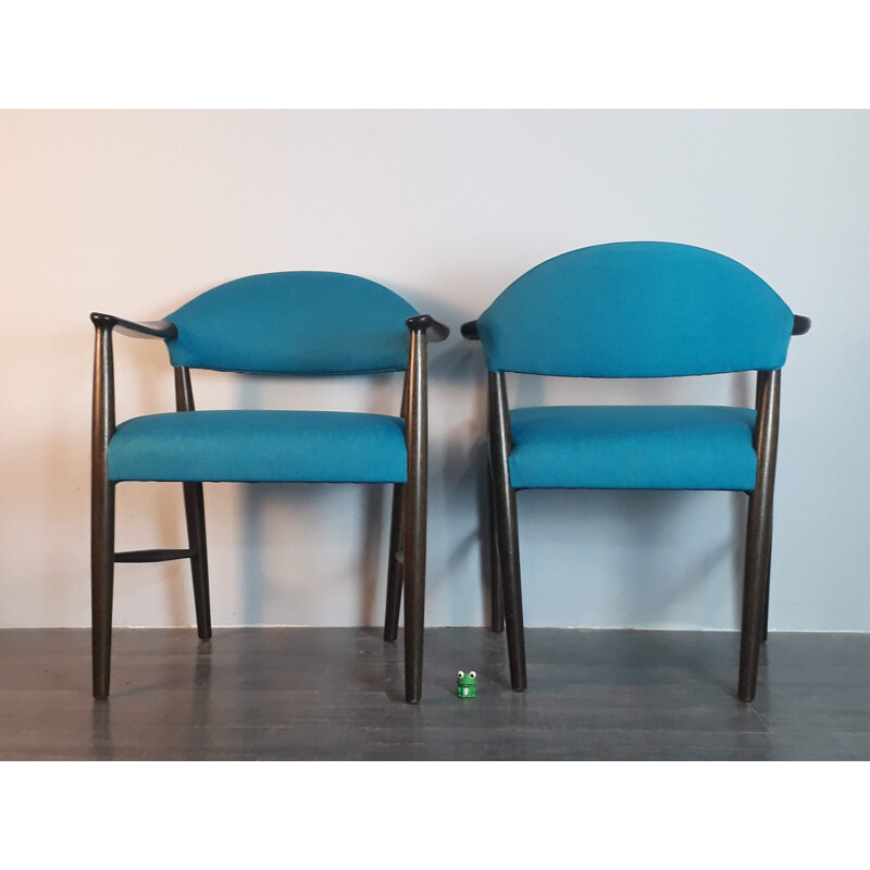 Vintage beechwood and blue fabric chairs by Kurt Olsen for Slagelse Mobelvaerk, Denmark 1950